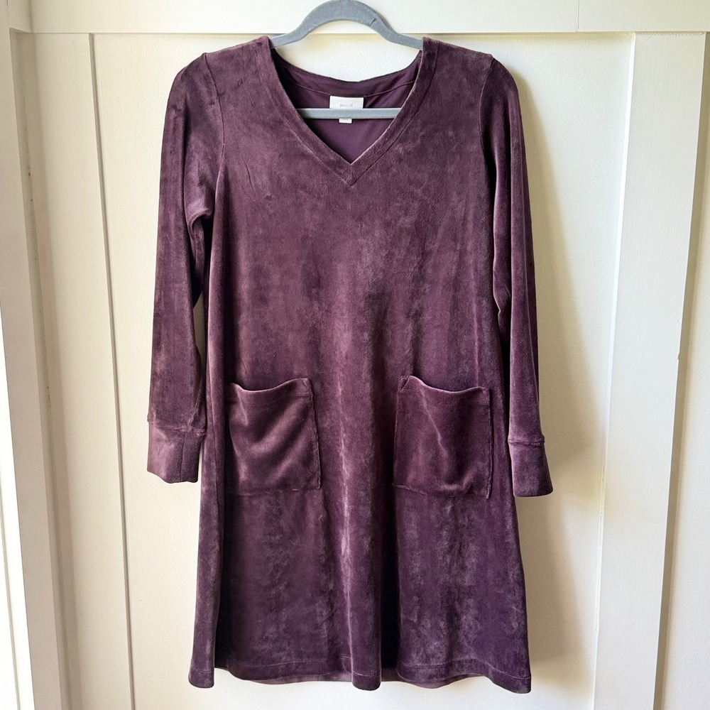Pure Jill Dress A-Line Velour Plum Purple Velour V-Neck Long Sleeve XSP Peite